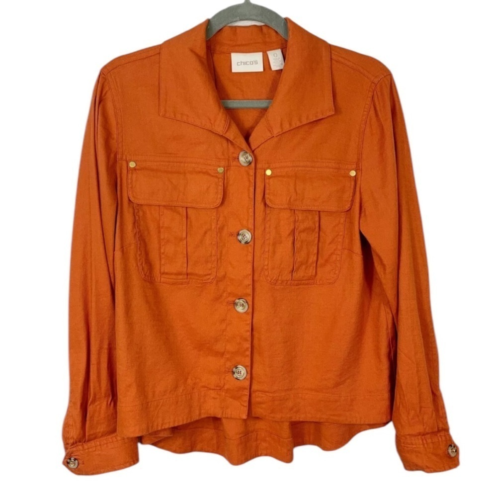Chico’s Linen Blend Button Jacket Hi Low Hem Pockets Orange Academia Coastal